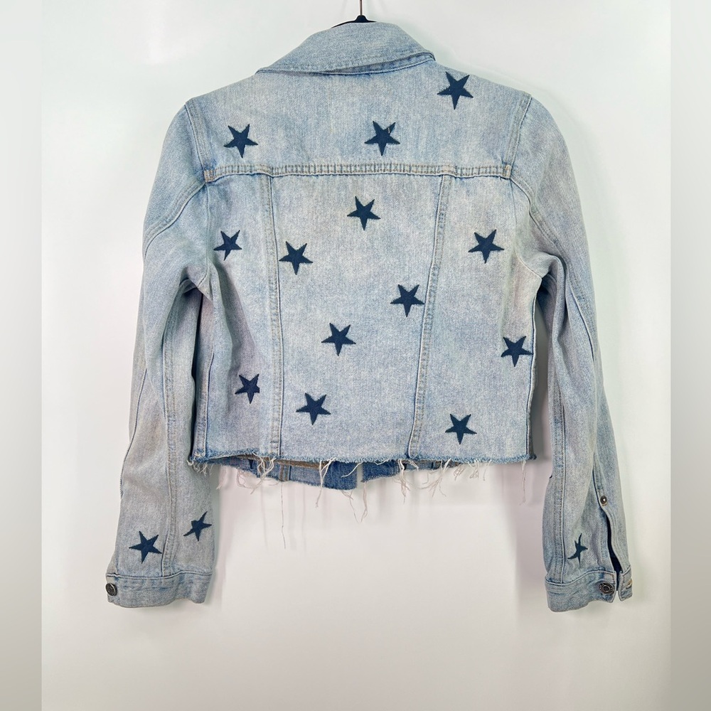 Pistola Brando Light Blue Navy Star Embroidered Denim Jean Jacket Raw Hem Small - Picture 6 of 10